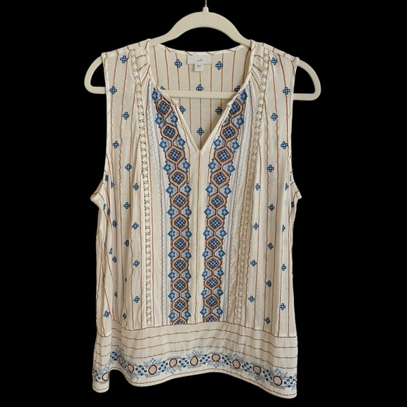 J Jill Womens Large Sleeveless Embroidered Blouse Top Western V Neck Striped - Picture 1 of 6